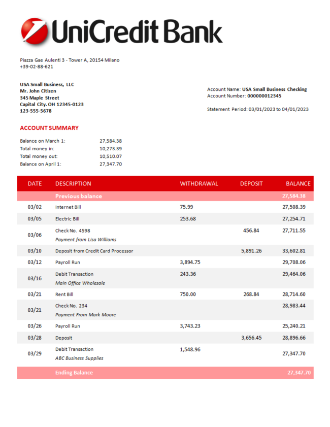 Modèle Word et PDF de déclaration d'entreprise d'Unicredit Bank